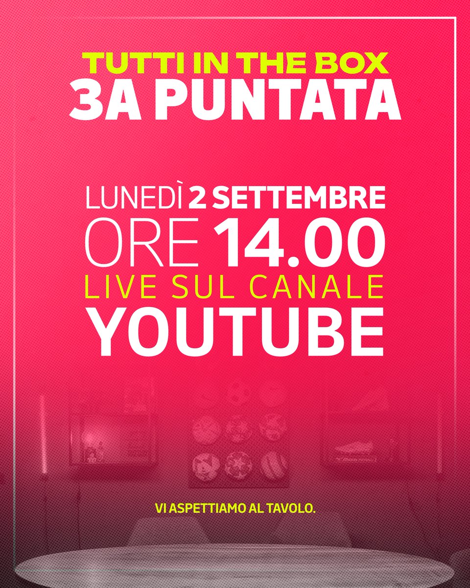 IL TERZO ANELLO DEL #CALCIO - EPISODIO 3 🎧⚽️

🗓️ Lunedì 2 Settembre
⌚️ 14.00
📺 youtube.com/@TUTTI-IN-THE-…
🗣️ <a href="/davom23/">Davom23</a> <a href="/_fedemarconi_/">Federico Marconi</a> Sickwolf

Vogliamo sentirvi: #commentate in diretta, fate domande e diteci la vostra.

Ci sarete?