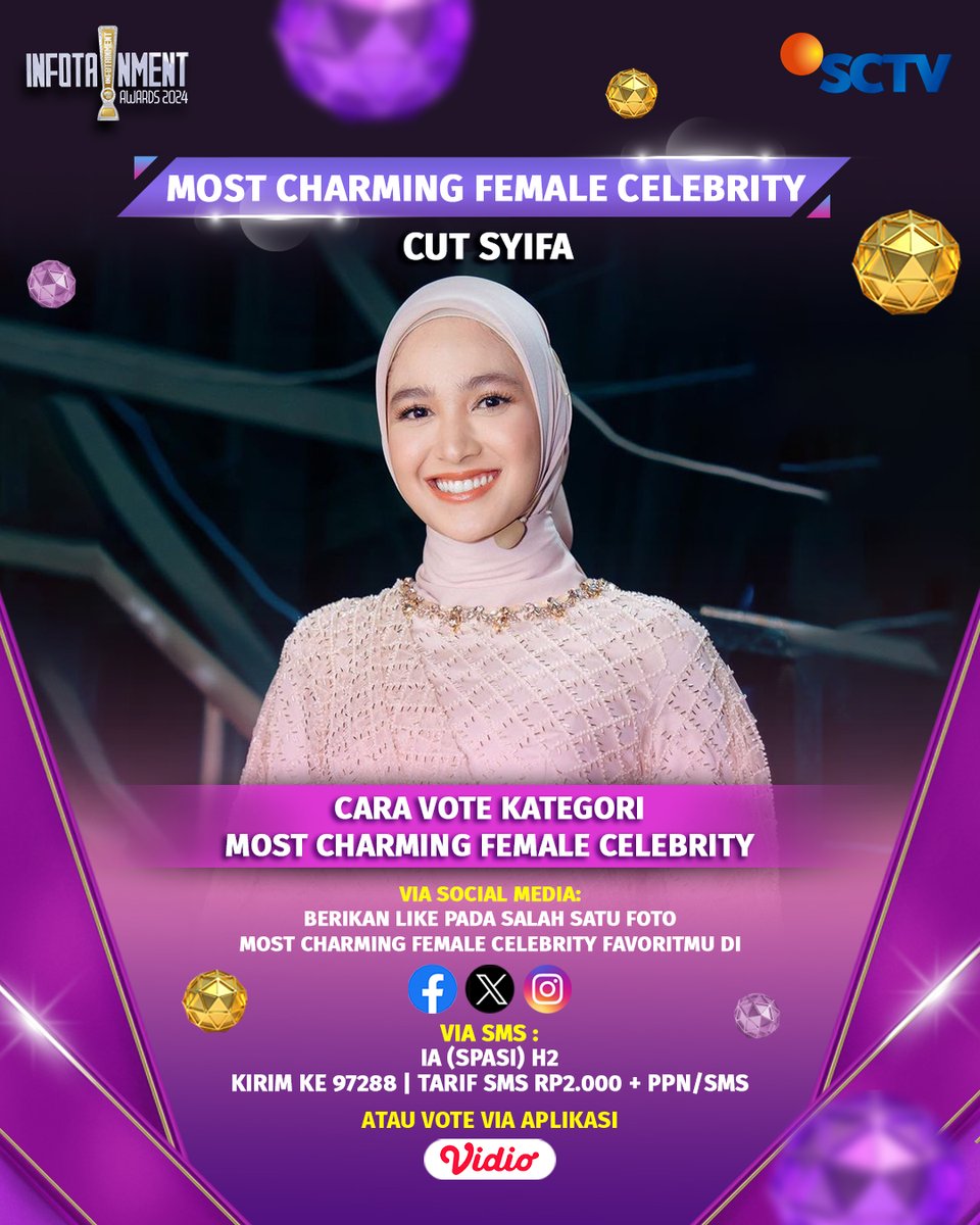 Dukung Cut Syifa untuk memenangkan Kategori MOST CHARMING FEMALE CELEBRITY di X dengan cara like foto berikut atau #VoteIA2024 via SMS, Instagram, dan Facebook, atau bisa juga melalui <a href="/vidio/">Vidio</a>.

#IA2024 #H2 #InfotainmentAwards2024 #SCTVSpesial #IA2024CutSyifa