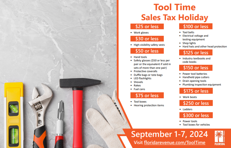 Another Sales Tax Holiday here in Florida. Kickstart your DIY or professional projects with the Tool Time Sales Tax Holiday! From September 1st to 7th, 2024, enjoy tax-free tool shopping. Seize the chance to save big and gear up like a pro!  #ToolTime #TaxHoliday 🛠️