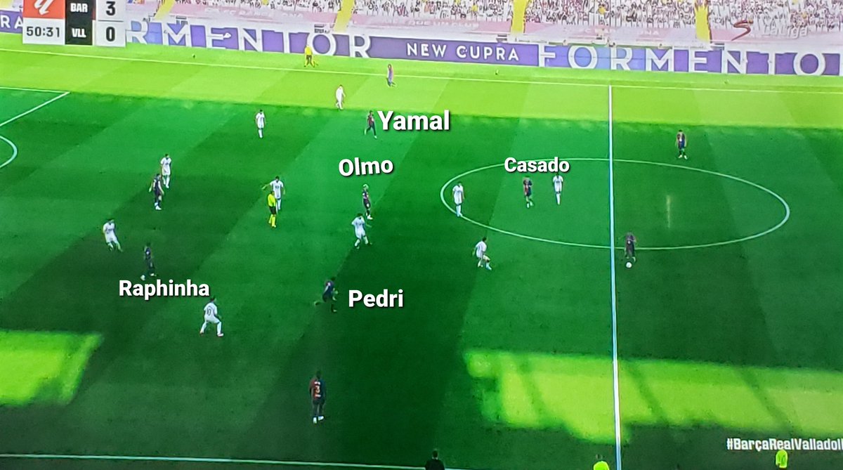 JackRthythm's tweet image. This's why it was difficult for Valladolid defensive shape to stop Barca's central progression.
— Barca employed box middifield in build up from the back, Pedri&amp;amp;Casado in double pivot, Raphinha and Olmo as advanced MFs. But changed into Pentagon/  hexagon shape, when Yamal...👇