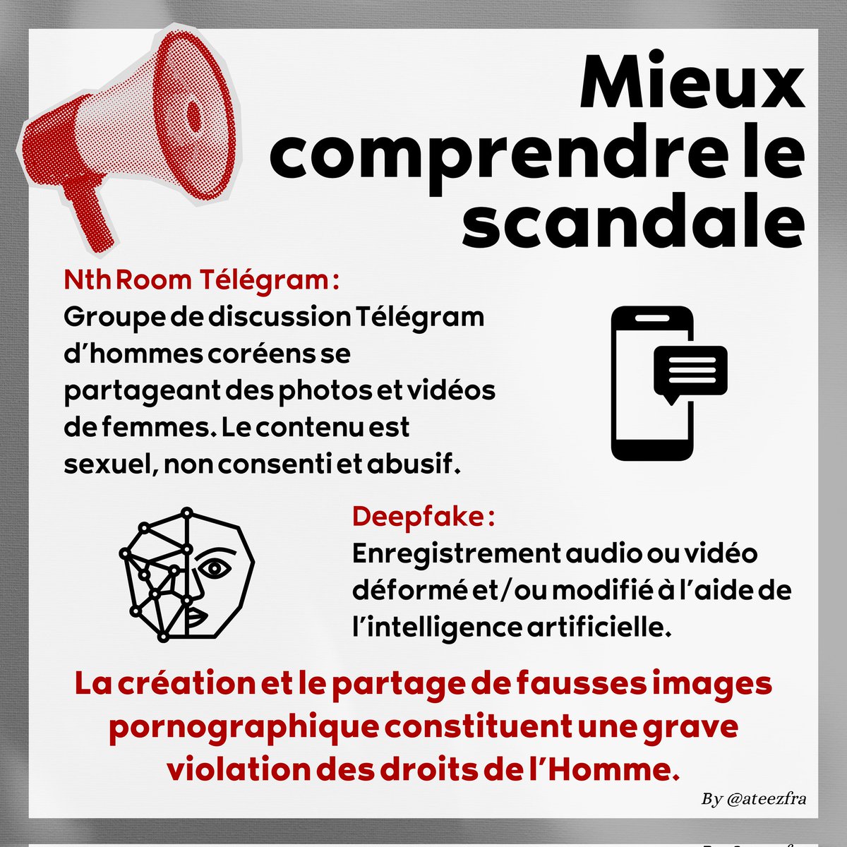 LFanbases's tweet photo. Les fanbases francophones s’unissent pour soutenir les femmes ✊♀️ 

Partagez à l'écrit au maximum les hashtags afin de les faire monter en tendances

#Digital_Sex_Crimes_in_Schools
#Expose_the_Deepfake_Perpetrators
#South_Korea_expel_criminals
#Protect_WomenAndGirls https://t.co/pWX9xzs4Uh