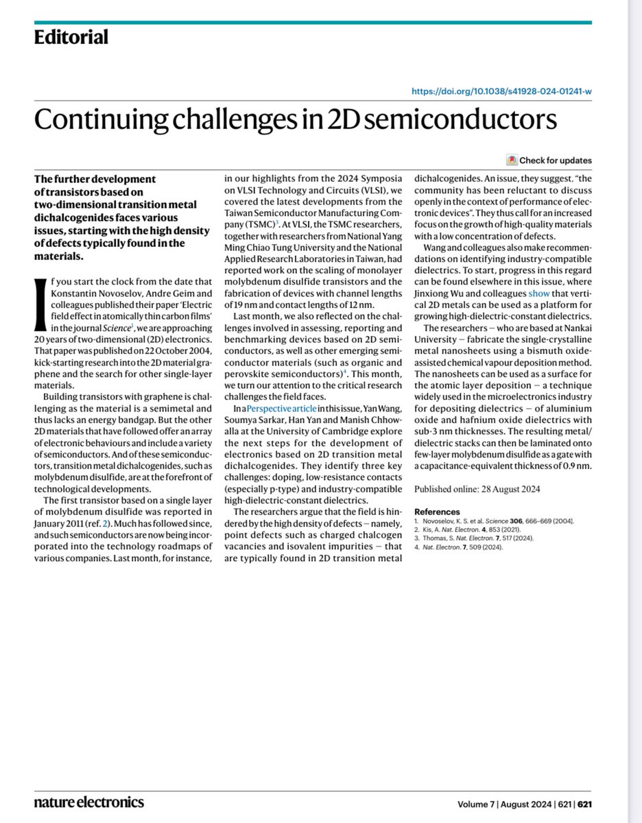 Chhowalla Lab (@chhowallal) on Twitter photo Check out this Editorial in <a href="/NatureElectron/">Nature Electronics</a> highlighting our Perspective Article on the challenges and next steps for the development of electronics based on 2D TMDs: nature.com/articles/s4192… Check out this Editorial in <a href="/NatureElectron/">Nature Electronics</a> highlighting our Perspective Article on the challenges and next steps for the development of electronics based on 2D TMDs: nature.com/articles/s4192…