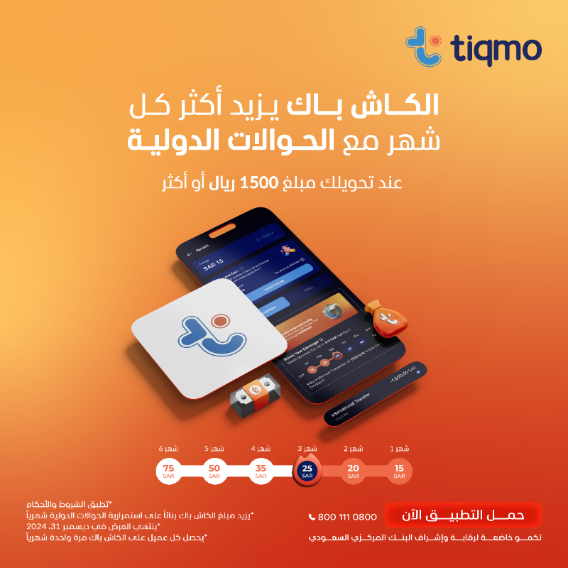 tiqmo's tweet photo. حوّل للعالم بدون رسوم 🆓
ولك كاش باك شهري يزيد أكثر، كل شهر! ⏫ 
للحوالات الدولية بقيمة 1500 ريال أو أكثر 

حمّل #تكمو الآن 👇🏼