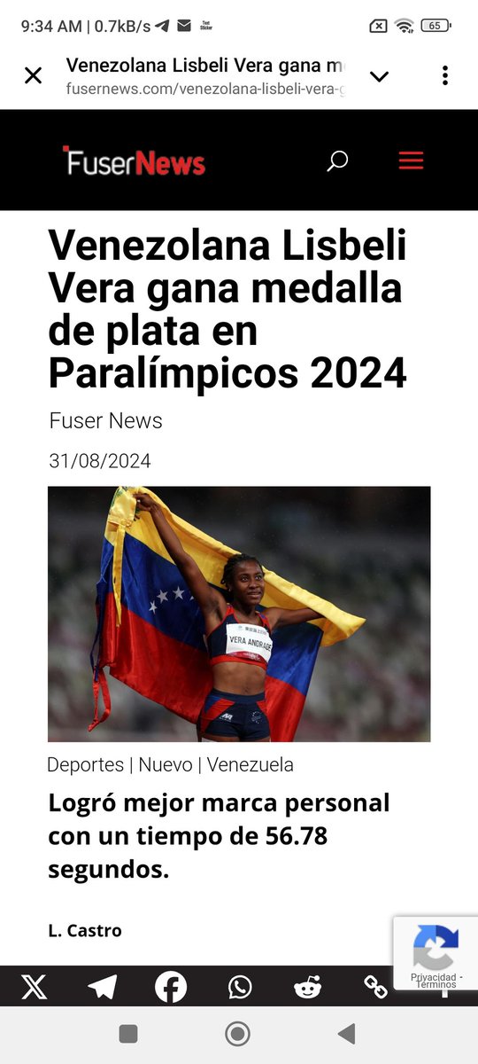 danielmendezp8's tweet photo. ¡Felicitaciones, es una campeona!
Venezolana Lisbeli Vera gana medalla de plata en Paralímpicos 2024, lograda con su mejor marca personal y 56.78 seg de tiempo.
Y fue felicitada por el presidente Nicolás Maduro @NicolasMaduro, quien🗣️“Emocionante carrera de nuestra Lisbeli Vera en los Juegos Paralímpicos París 2024. Con su espléndida carrera ganó muy merecidamente medalla de plata, al marcar un tiempo de 56.78. ¡Felicitaciones, eres una campeona"!
La zuliana Lisbeli Vera se subió nuevamente al podio al conquistar la medalla de plata en la final de los 400 metros planos en la modalidad T47 de los Juegos Paralímpicos de París 2024.
La criolla, que continúa trazando camino para perfilarse como una posible leyenda para el futuro, logró mejor marca personal con un tiempo de 56.78 segundos, tras enfrentarse brasileña Fernanda da Silva, quien obtuvo el oro. https://t.co/t9BdsoEGNp