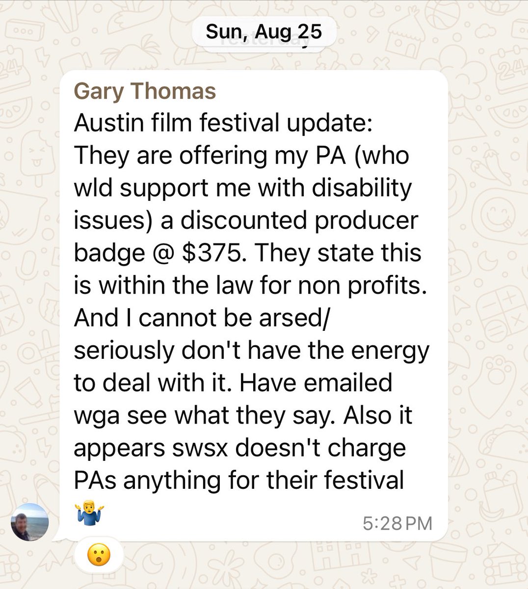 Write_Herr's tweet image. Really @austinfilmfest - You want to charge a handicap writer who’s spending loads to come from the UK a fee to bring his personal assistant into events to help him? How #greedy and #ableist of you. Outrageous! #ScreenwiterCommunity #ScreenwritingTwitter