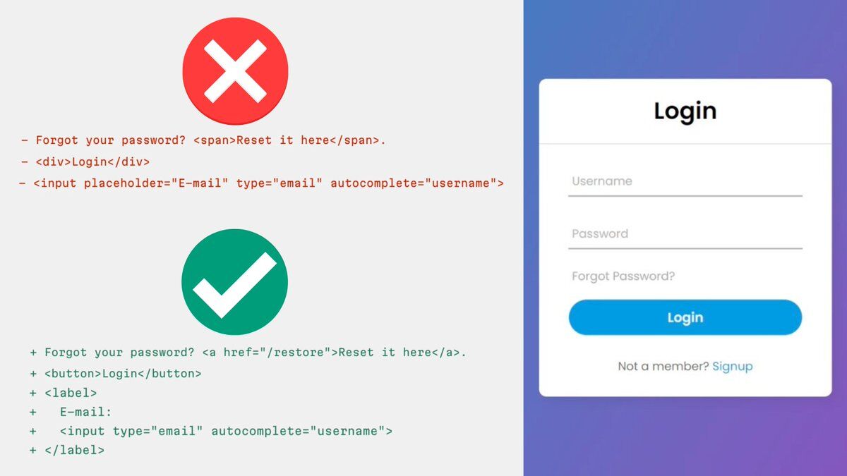 midudev's tweet image. 10 malas prácticas en formularios HTML:
1. No usar autocomplete
2. No usar type="email"
3. Usar divs o span como botones
4. Sacar los botones fuera del form y usar JS
5. Usar los placeholder como label
Más en el HILO ↓
