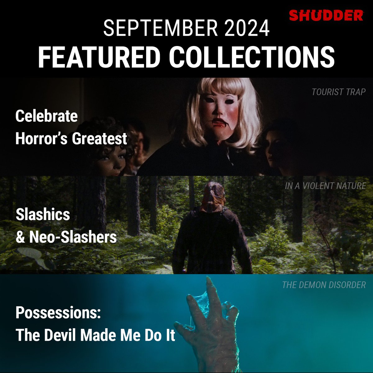 Shudder's tweet image. Get ready to fall into darkness with new releases and thrilling collections coming your way. 😱