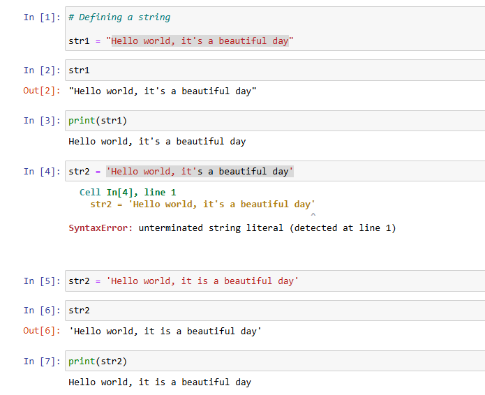 AkshayChinchal4's tweet photo. Last week, we went into some details of data types &amp; wrapped up the discussion with strings. Let's delve deeper into them today.

First, we define a variable to store a string:

str1 = "hello world, it's a beautiful day"

Notice that running cellblock #4 throws an error. https://t.co/hDfJYV4h6J