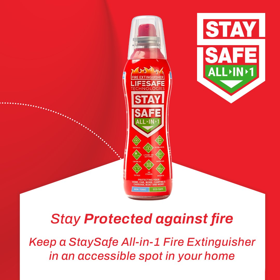 Place a StaySafe All-in-1 Fire Extinguisher near fire hazards throughout your home. With 360° usability, high-pressure spray, robust design, and eco-friendly propellant, you’re always ready for an emergency. 🏡🧯 #SafetyFirst #StaySafe #FireSafety #FireProtection