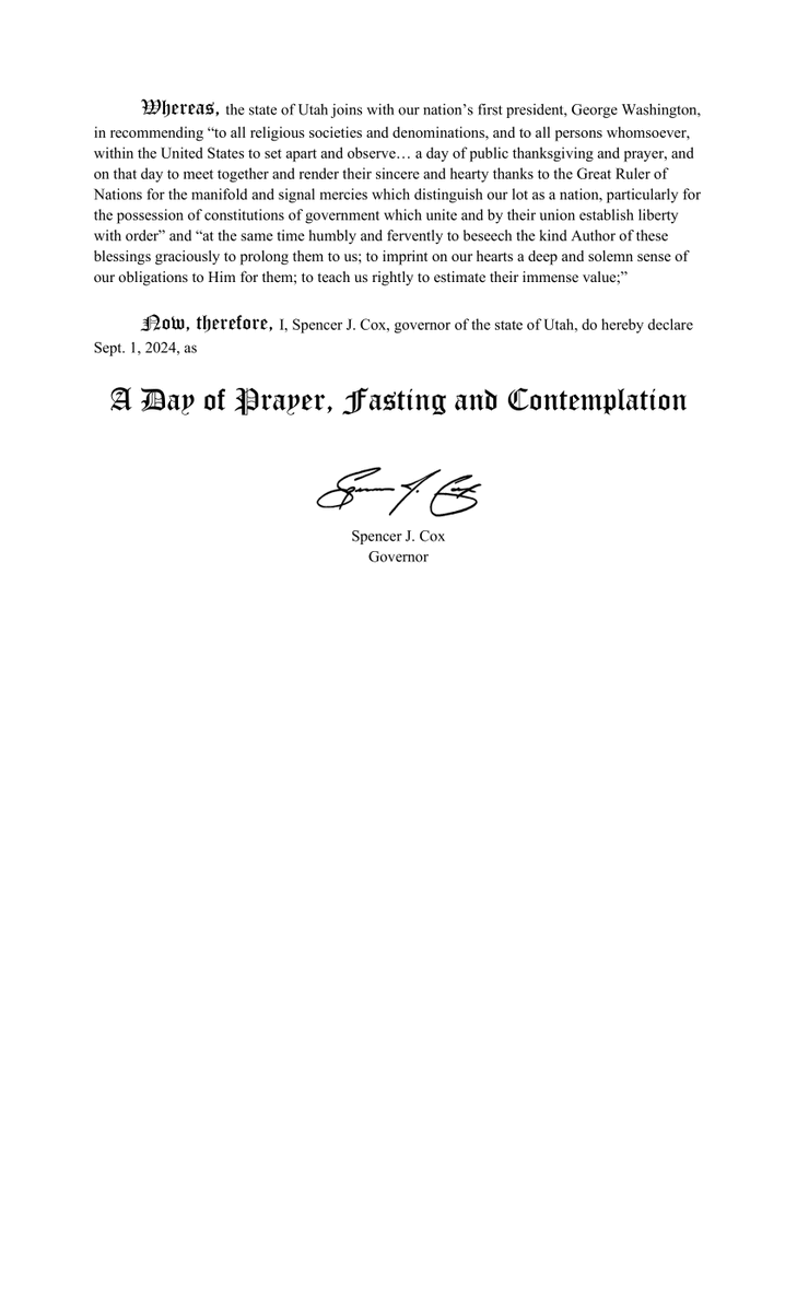 Today is a Day of Fasting, Prayer and Contemplation for the constitution in Utah. Throughout history, America has faced trials and triumphs and responded to both with prayer, seeking courage, comfort and guidance. 

Our nation is deeply divided on many issues, and the U.S.