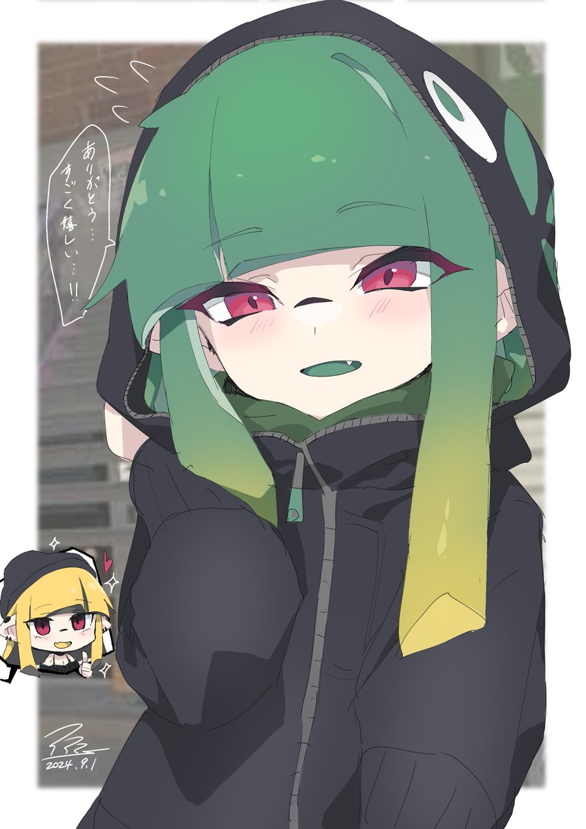 イカガール(スプラトゥーン) 「シーズン最終日にお目当てのカタログギアを回収できてご満悦なマイイカぴー君with」|スリーピース/PPPsのイラスト