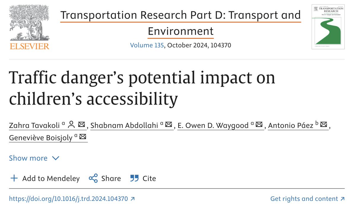 "Due to traffic danger, children’s walking accessibility [to child-relevant destinations] is estimated to be reduced by at least 75%."

doi.org/10.1016/j.trd.…