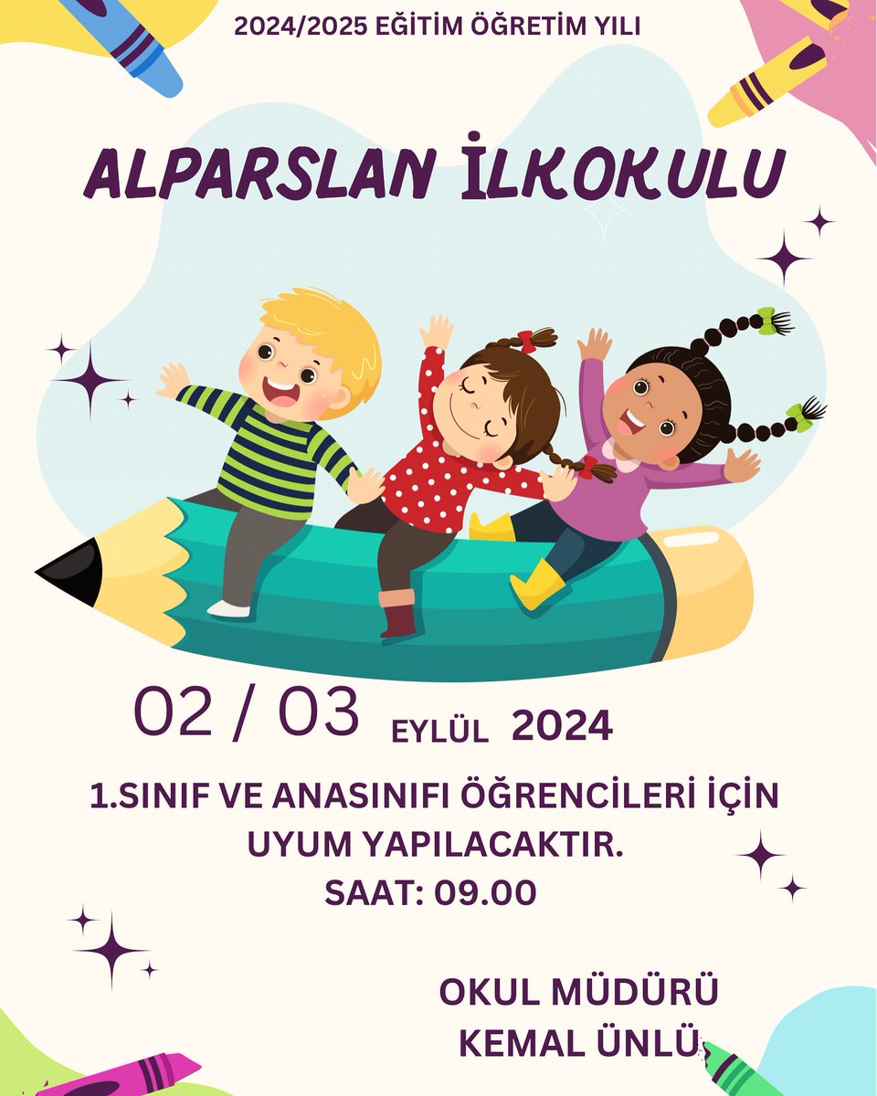 1.sınıfa ve Anasınıfına gidecek öğrencilerimiz 02.09 Pazartesi ve 03.09 Salı günleri sabah saat:09.00’da uyum programına katılmak için okulda bulunmalıdır.