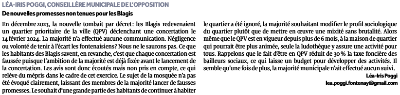 Retrouvez ma tribune du mois de septembre dans laquelle j'alerte sur le manque d'investissements pour le quartier des Blagis à <a href="/fontenay92/">Fontenay-aux-Roses</a> de la part de la majorité. Conséquence : la non réalisation de promesses  formulées par la majorité au détriment des gens de ce quartier.