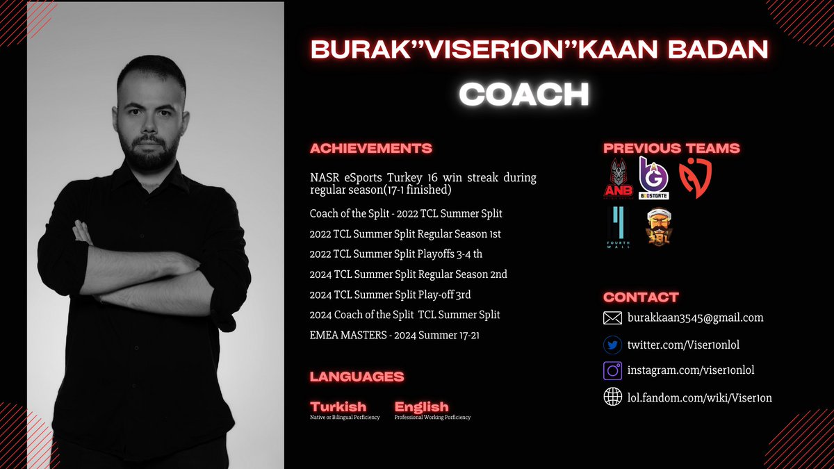 I'm still contracted to <a href="/boostgateesport/">BoostGate Esports</a> but they've allowed me to explore options for 2025. Open to all coaching positions from all regions. I can give my cv and work examples upon request.  References: any previous teammates/manager.
Contact me through DM, or <a href="/SurgeManagement/">Surge</a>