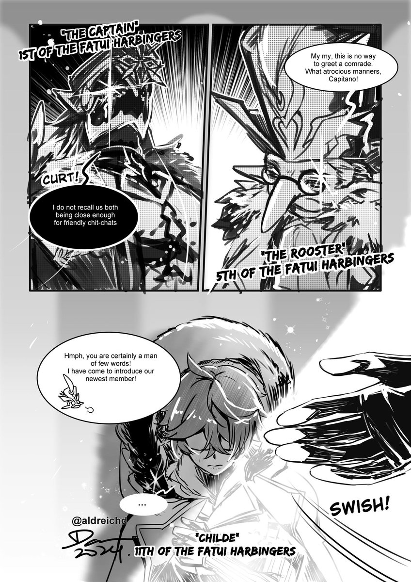 Something like this I guess. Punchinella introducing their newest recruit, Childe to Capitano! Got some interruptions over the weekend, so could only manage two pages for now. Part 1 #HoYocreators #GenshinImpact #HelloNatlan