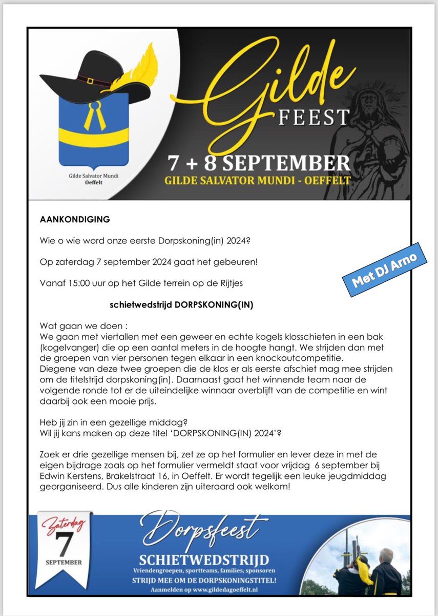 _Salvator_Mundi's tweet photo. Komende zaterdag barst het GildeFeest los met op zaterdag 7 september Dorpsfeest in Oeffelt om 15:00u!

Wie o wie wordt er Oeffelts Dorpskoning(in)?

Vrienden, familie, collega’s of bv sportteams.
Schrijf je viertal vlug in via het formulier of via 
https://t.co/VICrvB3slH https://t.co/MWvMCetT5M