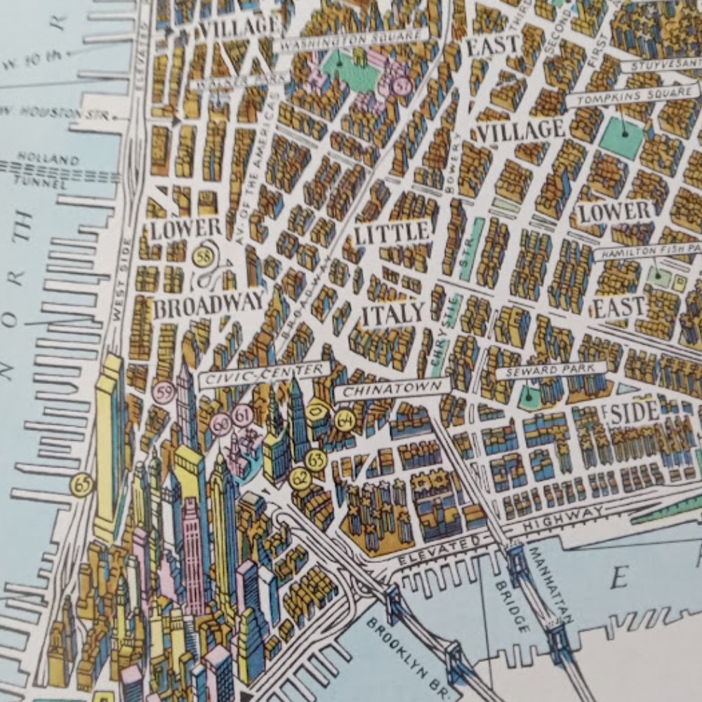 mapmapnmap's tweet image. New York City poster/map 
Small format: 55*27 cm  
Probably from the late 70s or early 80s. 
Original design in the spirit of Hermann Bollmann's bird's-eye views! 
Other maps available via the link in bio. 
If you have any questions or comments,  send me a message!