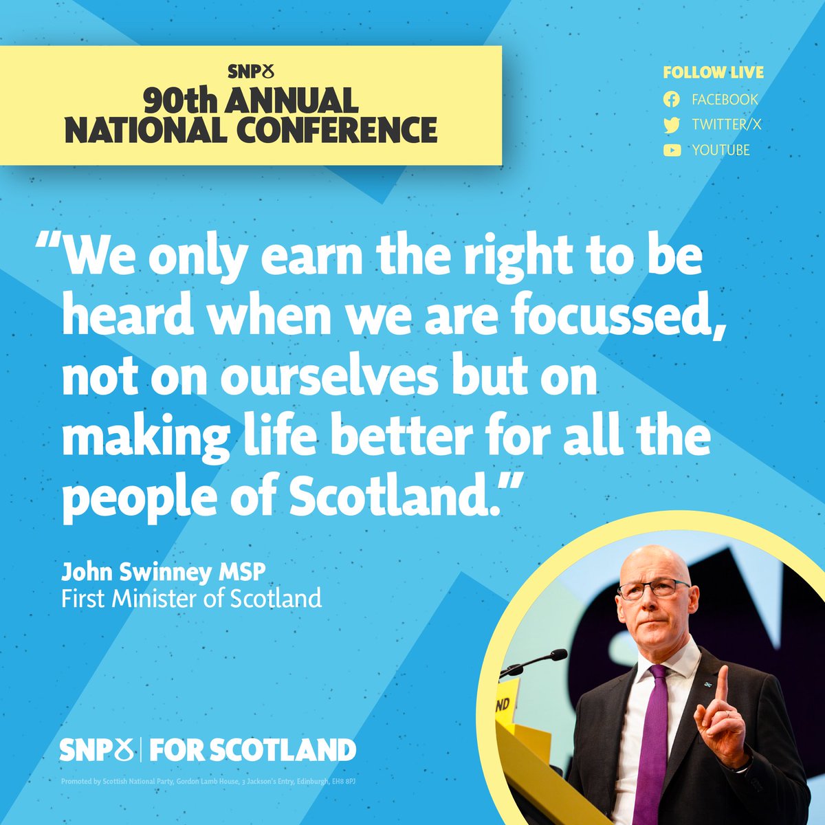The SNP (@thesnp) on Twitter photo 📣 <a href="/JohnSwinney/">John Swinney</a>: We only earn the fight to be heard when we are focused not on ourselves - but on making life better for all the people of Scotland.
🏴 We will look outwards, speak with the people of Scotland and serve their priorities - every single day. #SNP24 📣 <a href="/JohnSwinney/">John Swinney</a>: We only earn the fight to be heard when we are focused not on ourselves - but on making life better for all the people of Scotland.
🏴 We will look outwards, speak with the people of Scotland and serve their priorities - every single day. #SNP24