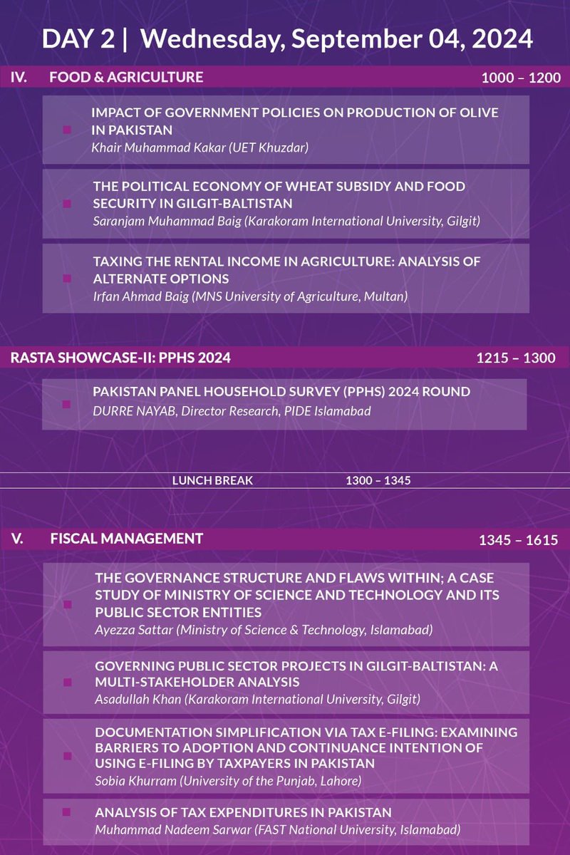 PIDEpk's tweet photo. The social research which has largely remained a discursive practice in Pakistan, needed a prescriptive and interventionist policy analysis, which RASTA PIDE is achieving through providing CGP research grants on the most pressing issues. The *4th PIDE RASTA conference*, based on the CGP research projects, going to be held on
📅 September 3-4, 2024
📌 Roomy Signature Hotel, Islamabad,
covers a wide array of research on such issues.
The conference themes cover both the hardware and software of Pakistan economy: mental healthcare and wellbeing, political economy of education, Pakistan’s IT industry, investment, stock exchange, wheat subsidies and food security, rental income in agriculture, and fiscal management. In addition, PIDE’s research on key reform areas (energy issues, electricity billing system, and Pakistan Panel Household Survey 2024) will also be presented and discussed in the conference.
Day 1
September 3, 2024
10:00 AM-04:00 PM
Day 2
September 4, 2024
10:00 AM-04:15 PM
For details, please follow RASTA PIDE website and social media accounts:
https://t.co/5KRcHmuKXE
@RASTA_PIDE
#LocalResearch #LocalSolutions #RASTA #Research #Pakistan #PIDE