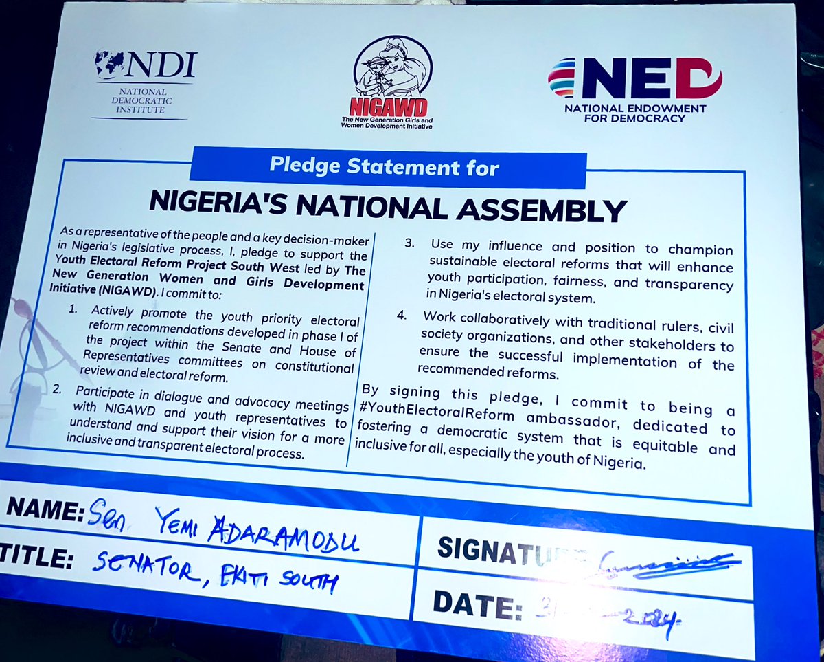 The New Generation Girls &Women Development Ini. (@nigawd) on Twitter photo It’s was an impactful evening with our distinguished Senator representing Ekiti South Senatorial District and the chairman House committee on Youth and Sport Development of the 10th <a href="/nassnigeria/">National Assembly</a>
He listened to the #NaijaYouthElectoralDemands and pledged his support to push them It’s was an impactful evening with our distinguished Senator representing Ekiti South Senatorial District and the chairman House committee on Youth and Sport Development of the 10th <a href="/nassnigeria/">National Assembly</a>
He listened to the #NaijaYouthElectoralDemands and pledged his support to push them
