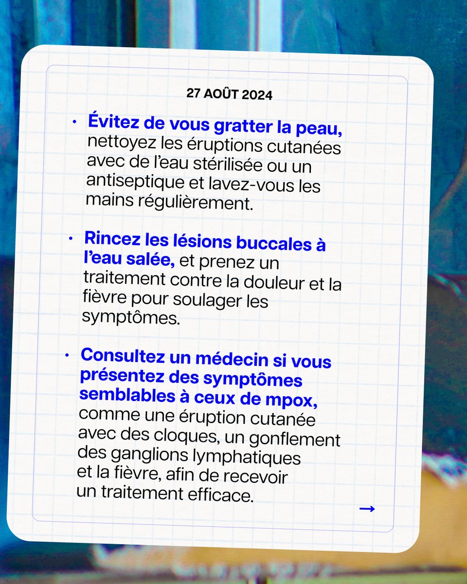 OMS Afrique (@oms_afrique) on Twitter photo Connaître les signes, le mode de propagation et les mesures à prendre en cas de #mpox.
Restez informé et en sécurité !
<a href="/viralfacts/">Viral Facts Africa</a>
#ViralFactsAfrique Connaître les signes, le mode de propagation et les mesures à prendre en cas de #mpox.
Restez informé et en sécurité !
<a href="/viralfacts/">Viral Facts Africa</a>
#ViralFactsAfrique