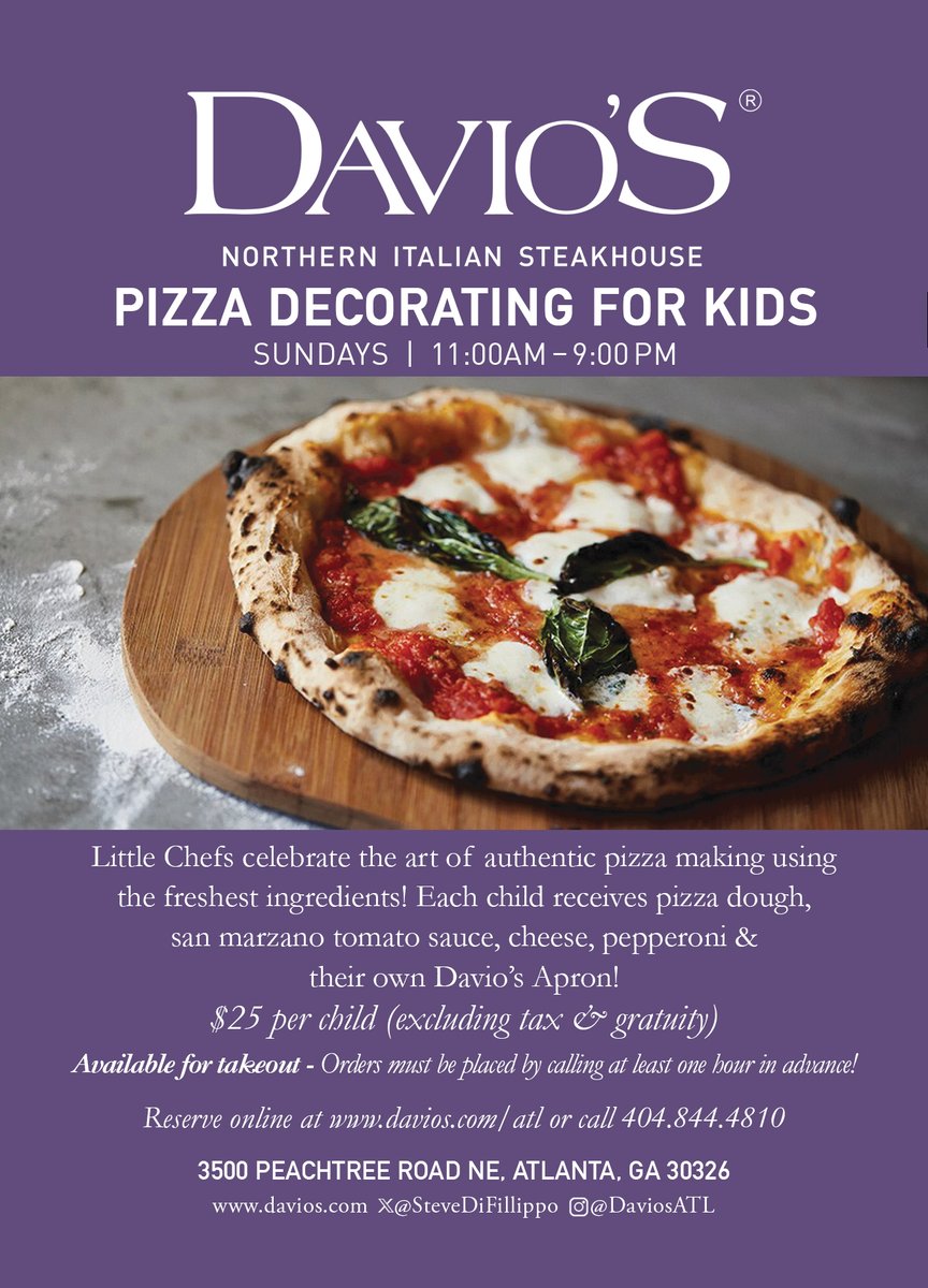 DaviosAtlanta (@daviosatlanta) on Twitter photo 🍕 Pizza Decorating for Kids! Sundays | 11 AM – 9 PM | Little chefs can get creative! Each child gets dough, sauce, cheese, pepperoni & their own apron. Plus dough to play w/ while their pizza bakes! Dine-in or order kits for pick-up($25) davios.com/atl#reservatio… <a href="/phippsplaza/">Phipps Plaza</a> 🍕 Pizza Decorating for Kids! Sundays | 11 AM – 9 PM | Little chefs can get creative! Each child gets dough, sauce, cheese, pepperoni & their own apron. Plus dough to play w/ while their pizza bakes! Dine-in or order kits for pick-up($25) davios.com/atl#reservatio… <a href="/phippsplaza/">Phipps Plaza</a>