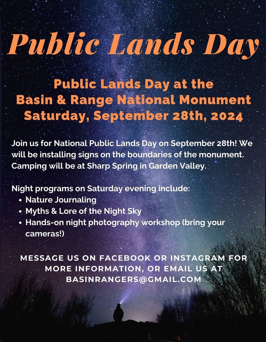 We are celebrating Public Lands Day on September 28th! We will be sending out specific directions and times soon.

#basinandrange #basinandrangenationalmonument #nationalmonument #nevada #blm #serviceproject #nightsky #naturejournaling #nightphotography #night