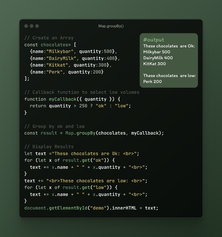 arunprasanthm7's tweet image. 🪄JS new features in ES2024 - Map.groupby() 👇🏼

📌The Map.groupBy() method groups elements of an object according to string values returned from a callback function.
📌The Map.groupBy() method does not change the original object.

#javascript #js #frontend