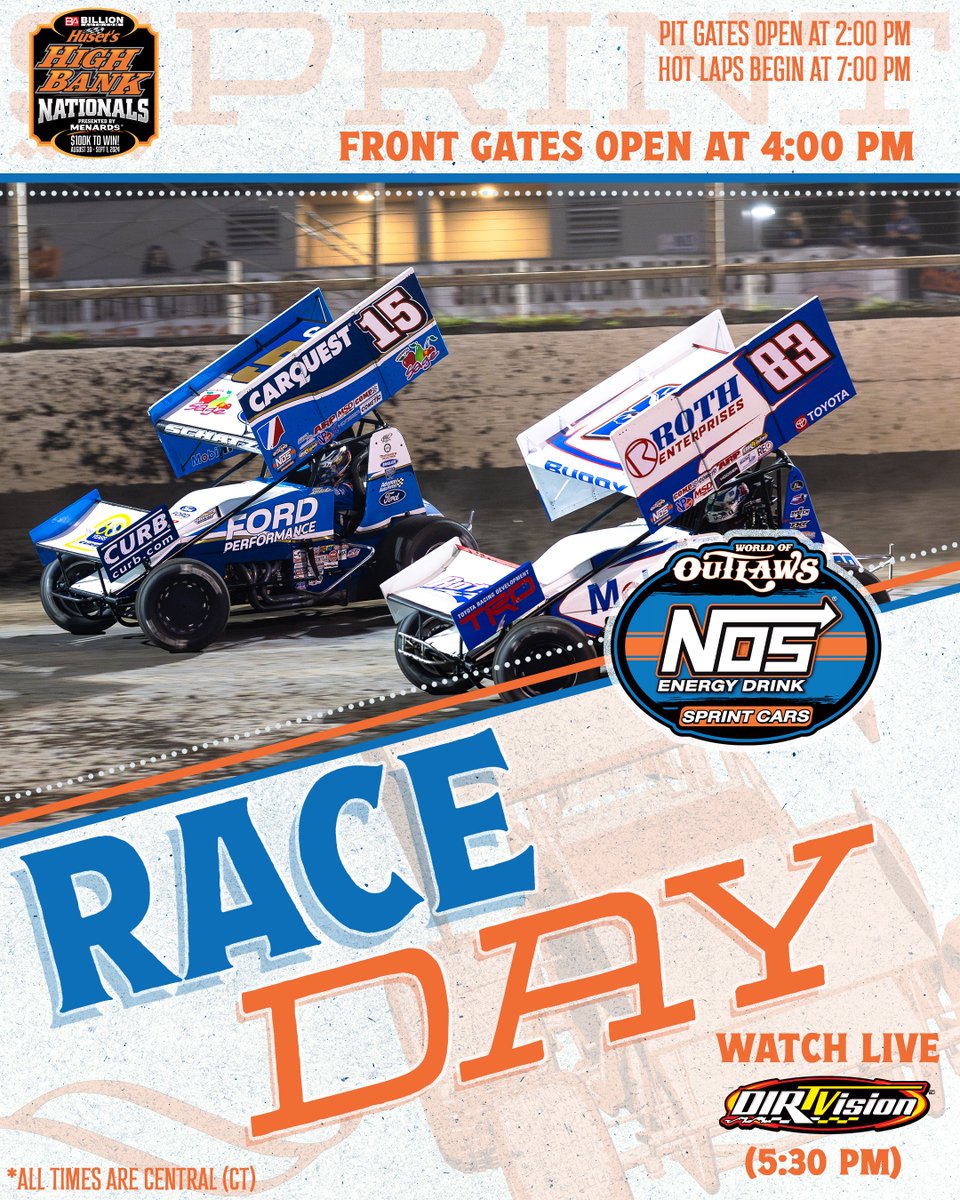 $𝟭𝟬𝟬𝗞 on a Sunday? Yes please 🤑

The World of Outlaws <a href="/NosEnergyDrink/">NOS Energy Drink</a> Sprint Cars battle for a six-figure check at <a href="/HusetsSpeedway/">Huset's Speedway</a>’s BillionAuto.com Huset’s High Bank Nationals presented by <a href="/Menards/">Menards</a> tonight!

📺 Watch @DIRTVision
⏱️ Timing &amp; Results: <a href="/MyRacePass/">MyRacePass</a>