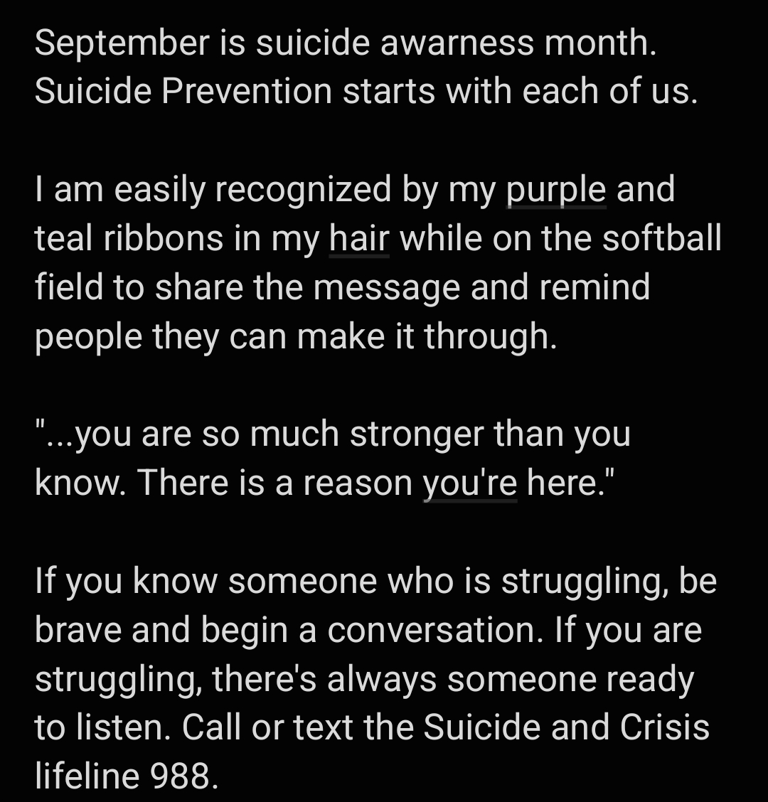 paisleymrussell's tweet photo. #suicideprevention #softball #youmatter #suicide #selflove #love #endthestigma #mentalhealth #mentalhealthawarness https://t.co/FguqXcJh75