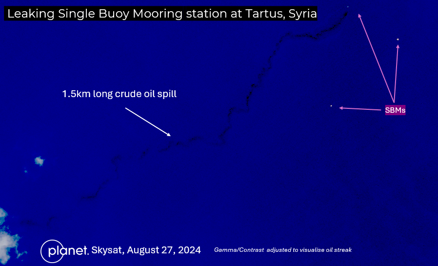 The reverberating environmental effects of the war in #Syria seen here, as lack of maintenance and enforcement of regulations continue to cause oil spills from oil tankers at Tartus. More crude oil spills visible in August from <a href="/planet/">Planet</a> imagery. h/t <a href="/obretix/">Samir</a> for monitoring this