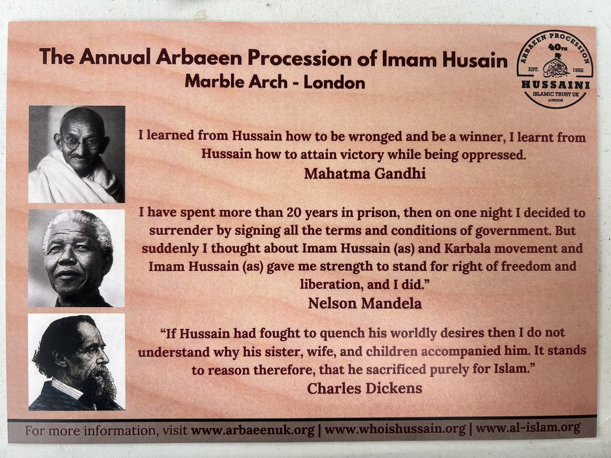 Arbaeenuk's tweet photo. If anyone would like to know more about the procession being held in marble arch, with the route around park lane, please check out the info pack below. We stand today commemorating Imam Hussain’s stand for justice, freedom, equality and peace. #marblearch #london https://t.co/vjZSQg9Y9s