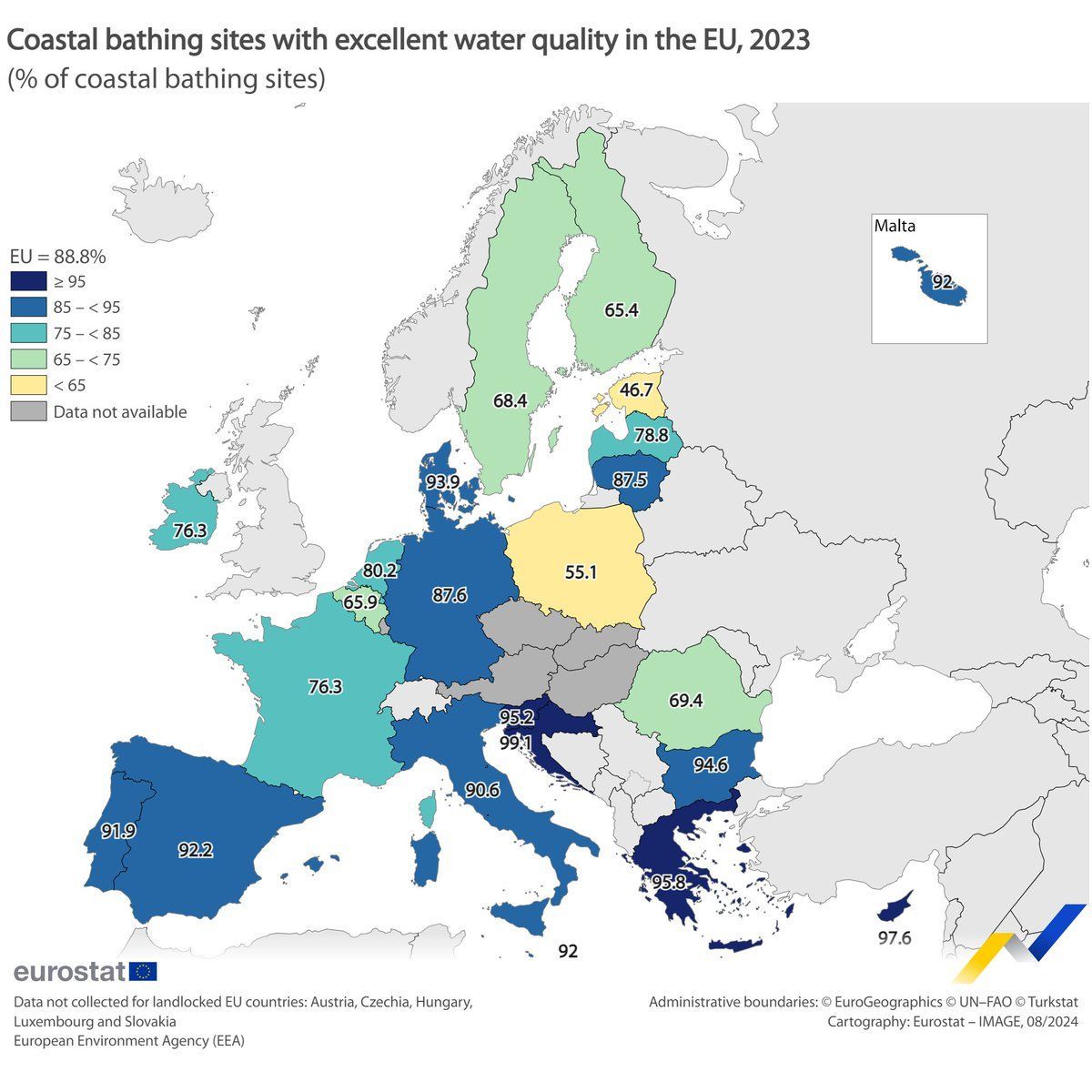 simongerman600's tweet image. What share of local coastal bathing sites have excellent water quality? Greece and Cyprus feature good and relatively warm water. What’s not to love? Source: buff.ly/3pQNMiF