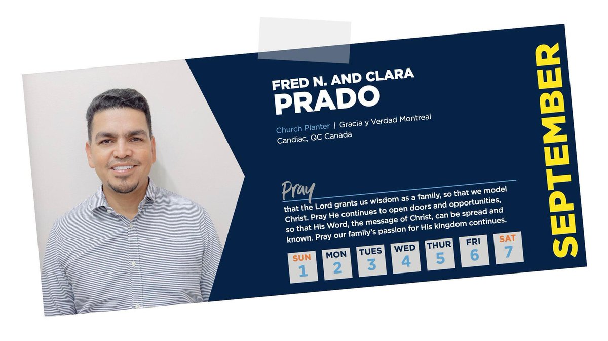 Fred and Clara Prado are featured this week in NAMB's Missionary Prayer calendar! Pray for the Prado's and Iglesia Gracia y Verdad Montréal as they serve the Spanish speaking community in and around their city. #SendMontreal #CNBCQuebec <a href="/SendMontreal/">Send Montreal</a>
