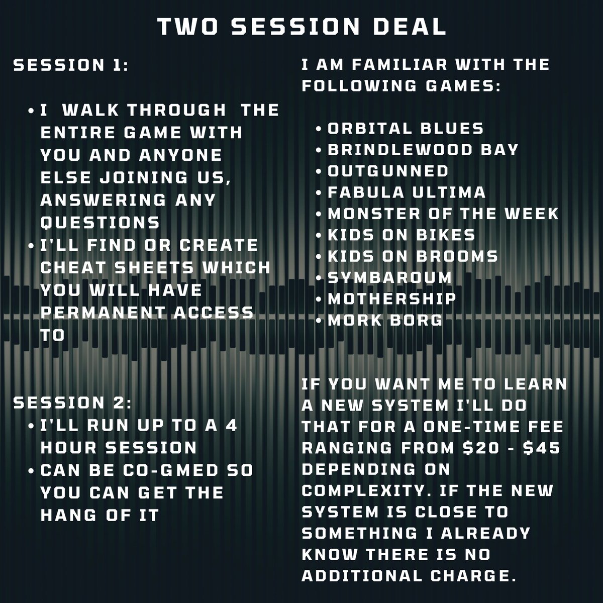 If you're reading this you should play something else besides D&amp;D and I want to help you do it! I'm a pro-GM over on SPG and I want to help you check out some new stuff! 

I've got a 2-session deal going on for $45 a person*

#startplayinggames #ttrpgs #indiettrpgs