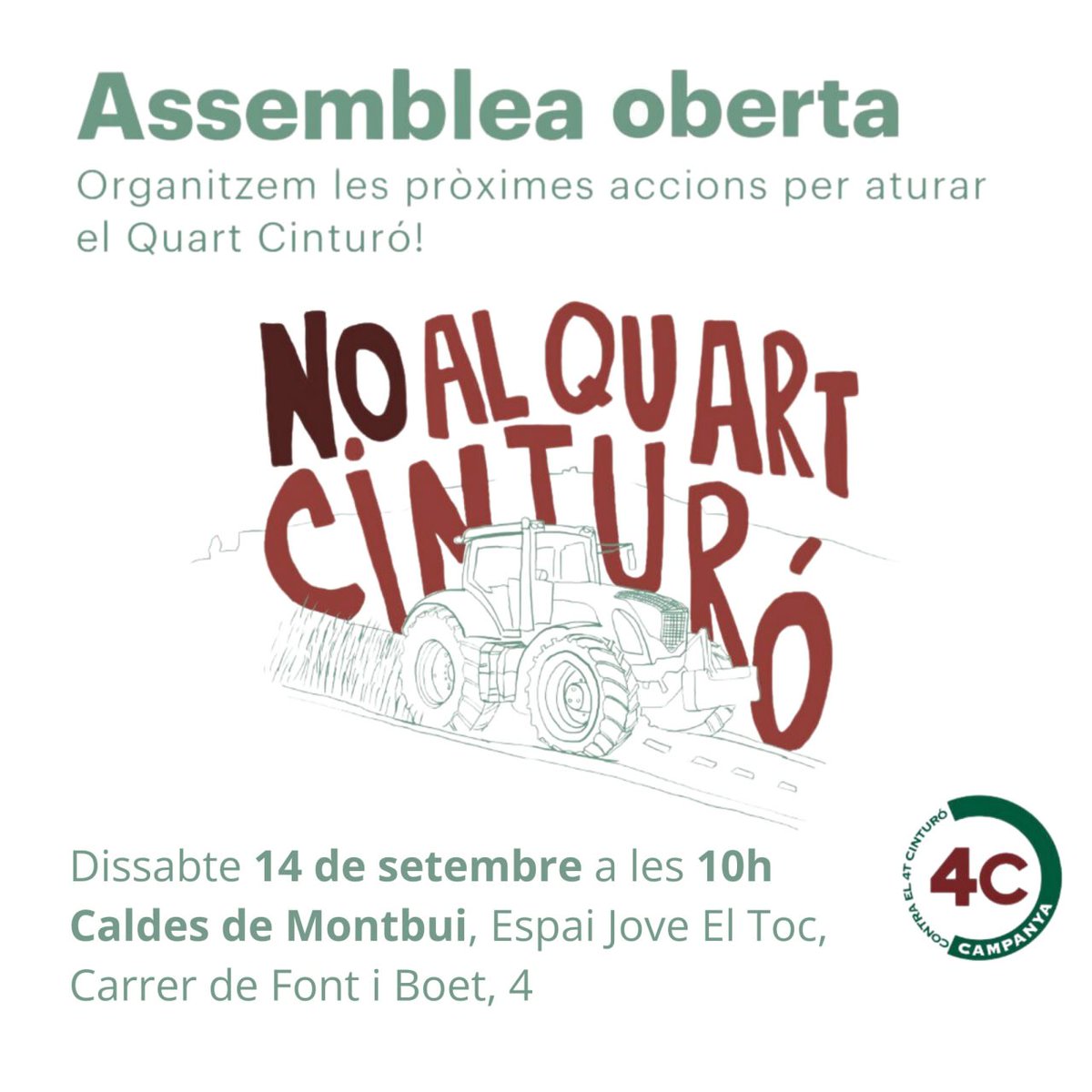 📆Dissabte 14 ens reunirem a Caldes de Montbui per organitzar les pròximes accions i teixir l'estratègia per aturar el 4t cinturó.

🌱No hi faltis!