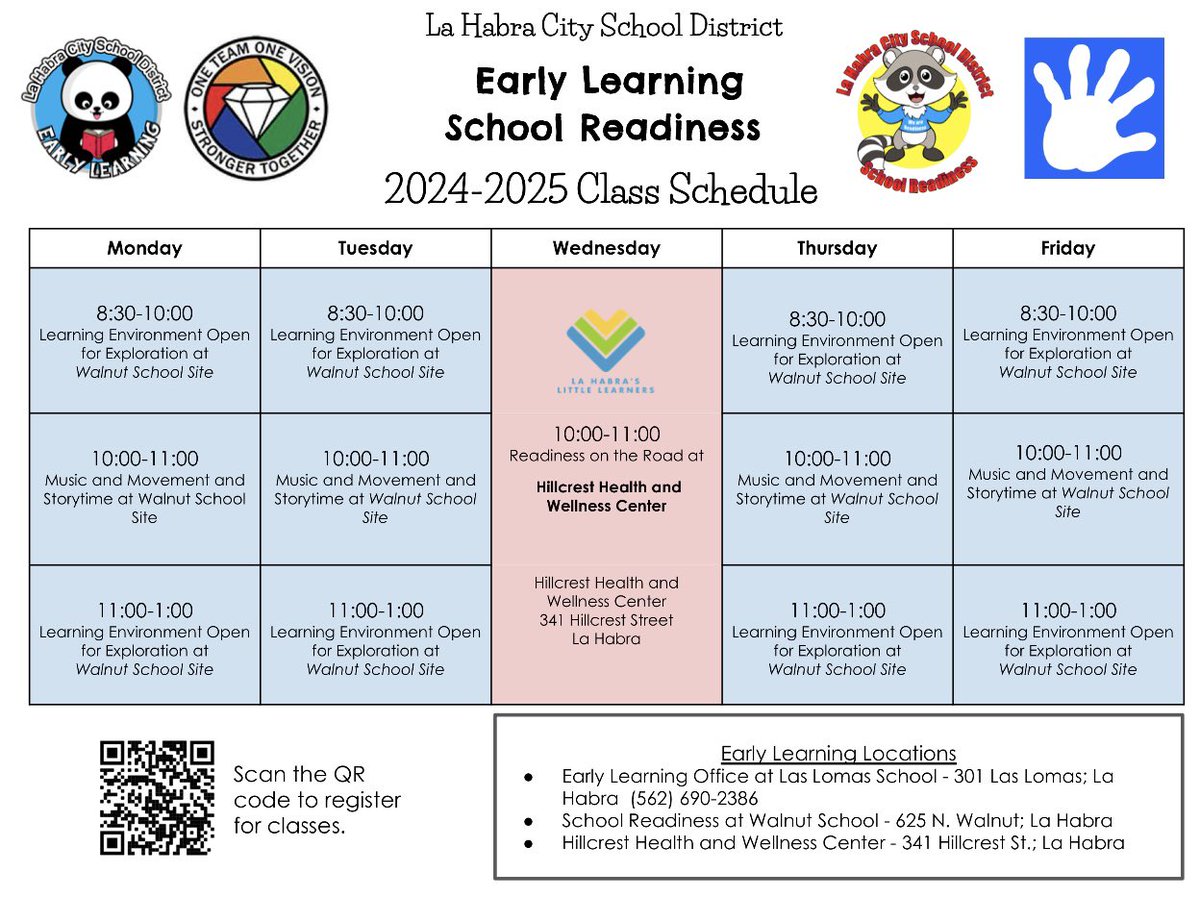 LHCSDEarlyLearn's tweet image. 2️⃣ Days until School Readiness classes start! We have 2️⃣ sites; Walnut School and Hillcrest. Please swipe to see our class schedule for the new year. 2️⃣ sleeps until we see you! #OpenOpenOpen #LHCSD #EarlyLearning #PandaPride