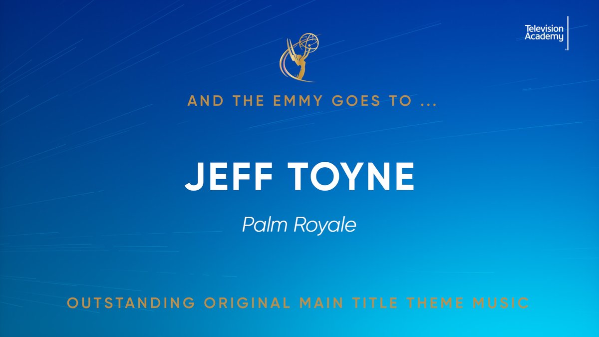 .<a href="/JeffToyne/">Jeff Toyne</a> wins the #Emmy for Outstanding Original Main Title Theme Music for Palm Royale (<a href="/AppleTV/">Apple TV</a>)! 🎵 #76thEmmys #Emmys #TelevisionAcademy