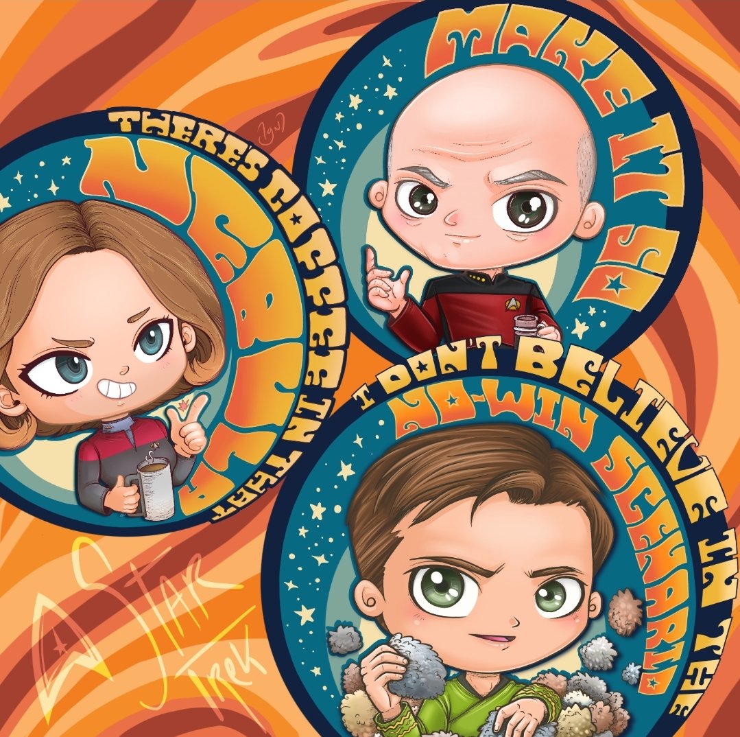 Igniheart's tweet image. Happy Star Trek Day (smol chibi style)! Smol Captains reminding you to never give up, go for what you love and make it so. #startrek #captainkirk #captainjaneway #captainpicard