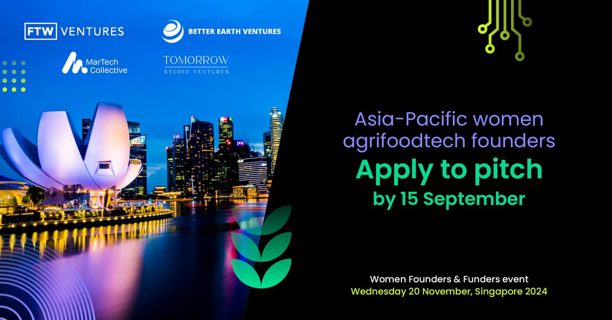 Tenacious Ventures (@tenaciousvc) on Twitter photo The Women Founders & Funders event is back in Singapore this November!
Know any APAC-based agrifoodtech founders driving sustainable impact? Apply now or before Sept 15!
👉 bit.ly/womenfounders24
<a href="/ftwvc/">FTW Ventures</a>, <a href="/bfrank/">Brian Frank</a>, <a href="/RobWilder/">Rob Wilder</a>, <a href="/chamiduk/">chamidu k</a>, <a href="/NathalieGibson/">Nat Gibson</a>, <a href="/SGInnovate/">SGInnovate</a> The Women Founders & Funders event is back in Singapore this November!
Know any APAC-based agrifoodtech founders driving sustainable impact? Apply now or before Sept 15!
👉 bit.ly/womenfounders24
<a href="/ftwvc/">FTW Ventures</a>, <a href="/bfrank/">Brian Frank</a>, <a href="/RobWilder/">Rob Wilder</a>, <a href="/chamiduk/">chamidu k</a>, <a href="/NathalieGibson/">Nat Gibson</a>, <a href="/SGInnovate/">SGInnovate</a>