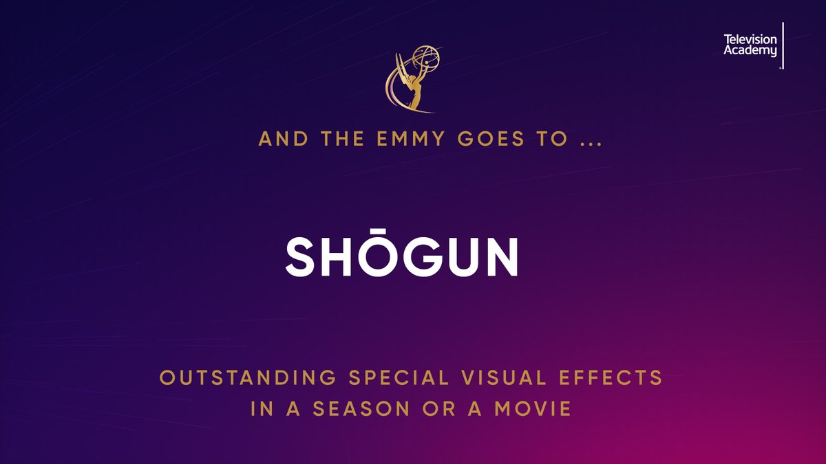 TelevisionAcad's tweet photo. .@ShogunFX (@FXNetworks/@hulu) wins the #Emmy for Outstanding Special Visual Effects in a Season or a Movie. Congratulations! 🎥 #76thEmmys #Emmys #TelevisionAcademy https://t.co/vedo7da7cJ