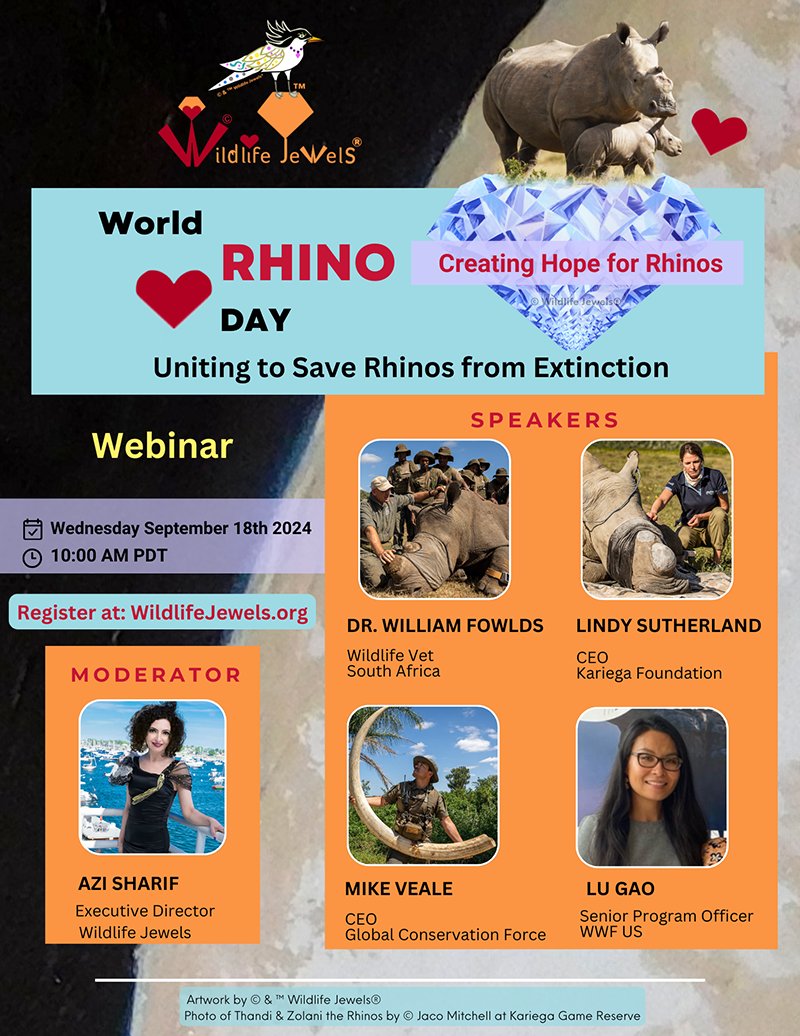 WildlifeJewels's tweet photo. Join us in honoring World Rhino Day! We'll take an inside look at rhino poaching, rhino horn trafficking,  anti-poaching efforts, and tech innovations to protect rhinos. Learn how YOU can help! https://t.co/U3W70BJjij @HelpingRhinos @DrWillFowlds @KariegaGameRes @RhinosGCF @WWF https://t.co/ZjlCrbp5Gp
