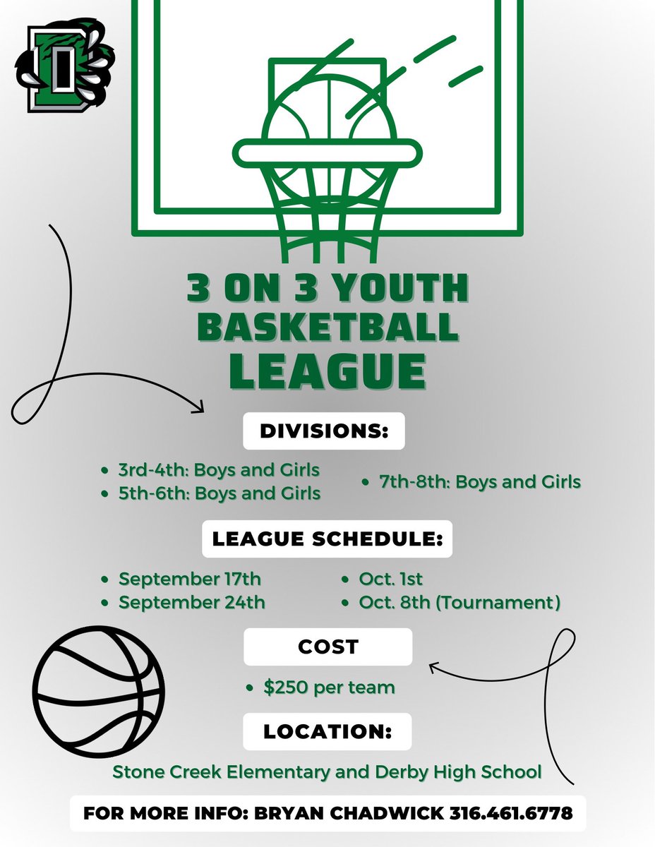 🚨 9 days away from our first league games! 🚨

3 on 3 Youth Basketball league offered to future Derby Panthers! 

✅ Grades 3rd-8th 

To pre register your team: protection.usd260.com/?url=https%3A%…

Let’s get better! 3x3