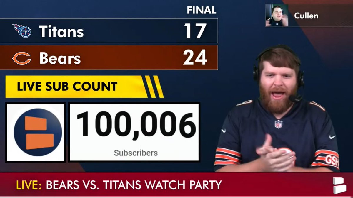 What a day!

The Bears erased a 17-0 deficit to beat the Titans 24-17 and start the season 1-0.

We also crossed 100,000 subscribers on Bears Now.

I never thought this channel and community would become what it has when we launched in January 2020.

There’s so many people to
