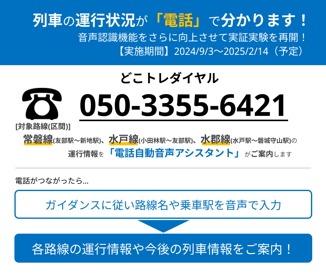 列車の運行状況が「電話」でわかる実証実験を再開します】 「どこトレ