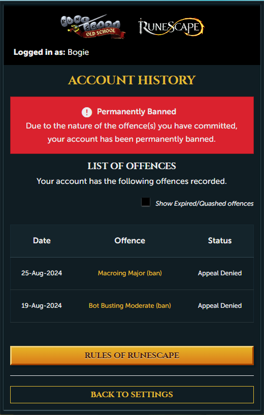 Zulohh's tweet photo. With the mass increase of bots being banned, my 200m OSAAT "Bogie" with over 8,000 hours of play time has been false banned &amp; will need to be manually reviewed. I have many clips of myself training Thieving &amp; doing hard clues prior. This is the third week of reaching out for help https://t.co/qzwjHvgxj0