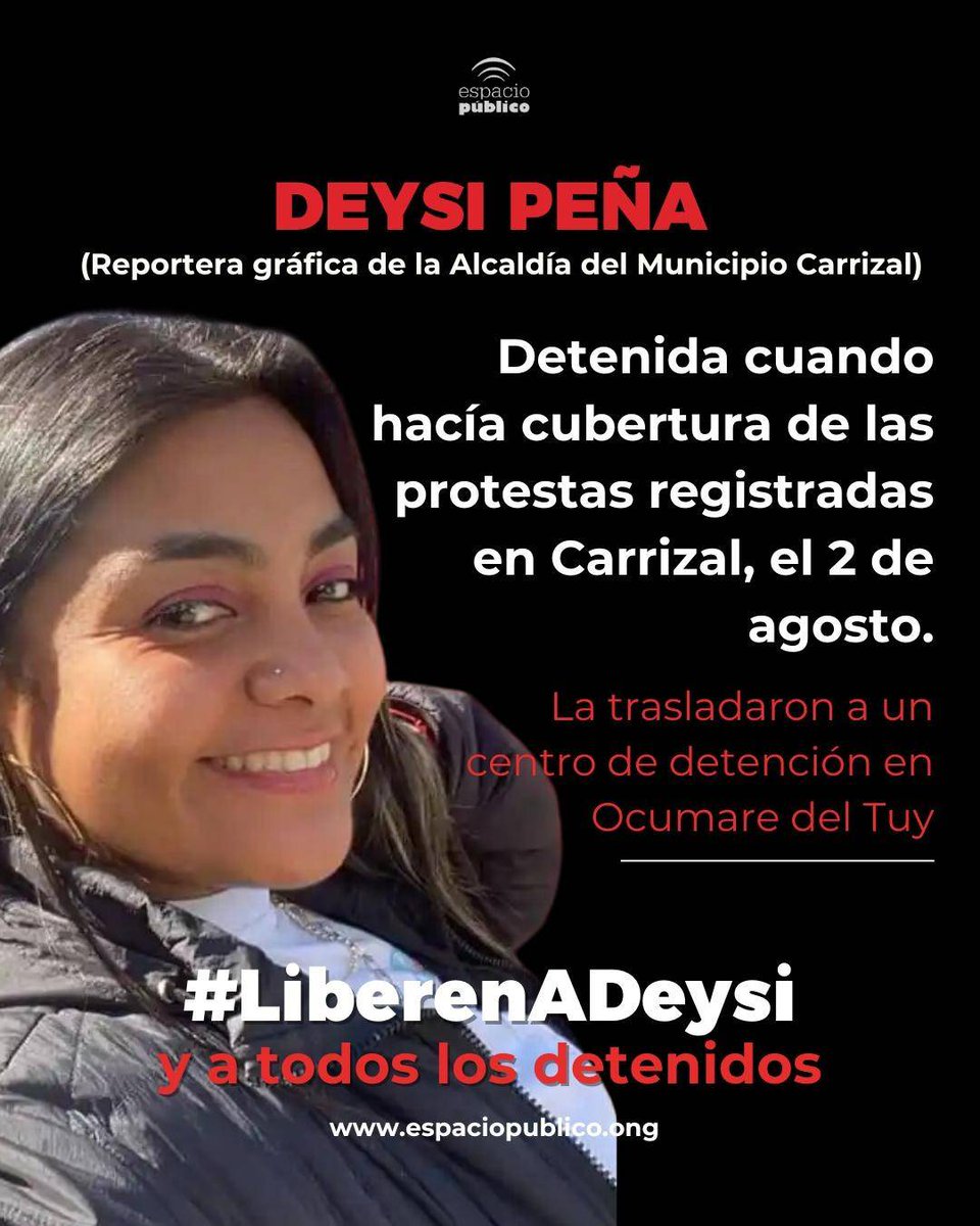 Deysi Peña es fotógrafa. Está detenida desde hace un mes cuando funcionarios de PoliMiranda la detuvieron porque tenía material fotográfico de las manifestaciones que se registraron luego de la elección presidencial del 28 de julio.

¡#LiberenADeysi y a todos los detenidos!