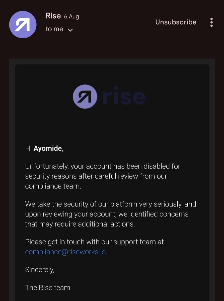 AyomideJaphet's tweet image. Hey everyone, I need to speak out about my ongoing nightmare with @rise_pay. On 09/03/2024, it will be 33 days since my account, holding $33,073, was disabled. They claim I violated their terms, but I was just trying to access my own hard-earned money. @Khldfx @hugfink @retailAle
