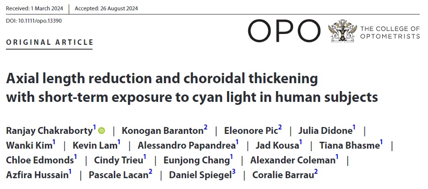In this new article, short-term exposure to cyan light (507 nm) resulted in a significant reduction in axial length and choroidal thickening, while red light exposure caused axial elongation and choroidal thinning in young adults and children.
onlinelibrary.wiley.com/doi/10.1111/op… 
#myopia